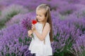 Happy cute little girl in lavender field holding bouquet of purple flowers. Royalty Free Stock Photo