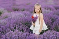 Happy cute little girl in lavender field holding bouquet of purple flowers. Royalty Free Stock Photo