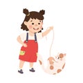 Happy cute little girl playing with her pet cat cartoon  illustration Royalty Free Stock Photo