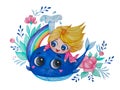 Happy cute little girl princess and blue whale on a background of rainbow and flowers. Childrens collection. Watercolor. Hand Royalty Free Stock Photo