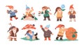 Happy cute little gnomes in autumn. Funny bearded garden dwarfs with lantern, flower, pipe, mushroom and pumpkin