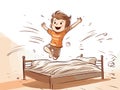 happy cute little kid boy jump on bed in hand-drawn style Royalty Free Stock Photo