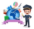 Happy cute little kid boy wearing pilot uniform and world map Royalty Free Stock Photo