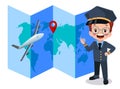 Happy cute little kid boy wearing pilot uniform and world map Royalty Free Stock Photo