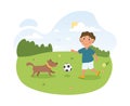 Happy cute little kid playing with his dog Royalty Free Stock Photo
