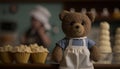 A happy and cute little teddy bear dressed as waitress wearing a dress and apron. Generative AI