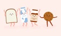 Happy cute milk, chocolate chip cookie, bread and chocolate milk cartoon