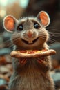 A happy Cute mouse with a pizza in her hands. 3d illustration