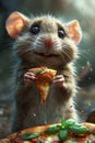 A happy Cute mouse with a pizza in her hands. 3d illustration