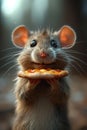 A happy Cute mouse with a pizza in her hands. 3d illustration