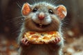 A happy Cute mouse with a pizza in her hands. 3d illustration