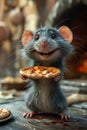 A happy Cute mouse with a pizza in her hands. 3d illustration