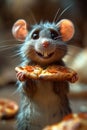 A happy Cute mouse with a pizza in her hands. 3d illustration