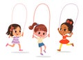 Happy cute multicultural girls play jump rope. Cartoon Illustration of children playing Jump rope. Vector