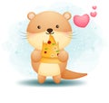 Happy cute otter eat pizza slice Cartoon character Premium Vector