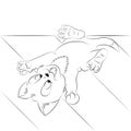 Happy cute outline playing kitten. Simple cartoon style. Page for art coloring book for kids.