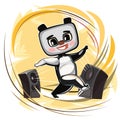 Happy cute panda Teddy Bear dancing. Loud music from speakers. Dance of a funny animal child. Cartoon style Royalty Free Stock Photo