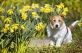 Happy cute pet dog puppy smiling with daffodil flowers in spring Royalty Free Stock Photo