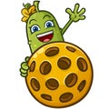 Happy cute pickle cartoon peeking out and waving from behind a super huge pickleball