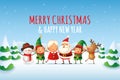 Happy and cute Santa Claus, Mrs Claus, Elves, Reindeer and Snowman celebrate winter holidays - Merry Christmas and Happy New Year Royalty Free Stock Photo
