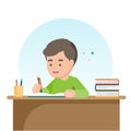 Happy cute school boy writing for homework, Study concept, Vector illustration. Royalty Free Stock Photo