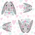 Happy cute sketched bunny rabbit pattern