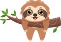 Happy Cute Sloth Cartoon Character Lazy Hanging On A Tree Branch Royalty Free Stock Photo