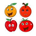 Happy cute smiling fruit face mascot vector set orange, apple, tomato character Royalty Free Stock Photo