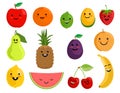 Happy cute smiling fruit face set. Vector flat kawaii cartoon character illustration icon collection. Kawaii emoji fruit