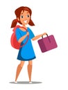 Happy cute smiling girl with backpack and handbag