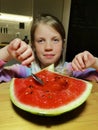 happy cute smiling little girl eating watermelon Royalty Free Stock Photo