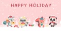 Happy cute wild animals in winter christmas costume flat vector cartoon, idea for banner