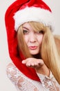 Happy cute woman in santa helper hat. Christmas. Royalty Free Stock Photo