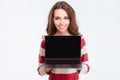 Happy cute woman showing blank laptop compter Royalty Free Stock Photo