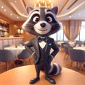 Happy 3D animated anthropomorphic raccoon standing up dressed smart and wearing a bowtie a true gentleman at a luxurious