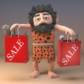 Happy 3d caveman carrying two shopping bags from a sale of rocks and clubs, 3d illustration