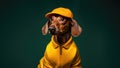 Happy Dachshund Dog Dressed As A Sports Athlete On Dark Yellow Colour Background