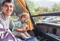 Happy dad with baby ride on double decker bus Royalty Free Stock Photo