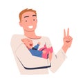 Happy dad holding his baby and showing victory sign. Parent hugging newborn baby expressing love and care cartoon vector Royalty Free Stock Photo