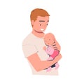 Happy dad hugging his baby with tenderness. Parent embracing newborn baby expressing love and care cartoon vector Royalty Free Stock Photo