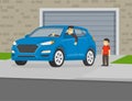 Happy dad and son talking each other while leaving garage. Male kid looking at driver beside suv car. Royalty Free Stock Photo