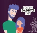 Happy daddys day text man daughter cartoon and leaves vector design Royalty Free Stock Photo