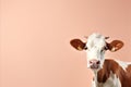 Happy dairy cattle posed stylishly on solid pastel color background for fashion shot with copy space