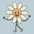 Happy daisy cartoon character in retro groovy style. Hand drawn vector flower in trendy 70s style. Royalty Free Stock Photo