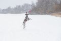 happy dalmatian dog jumping outdoors in winter.Funny active jumping and playing dog on snow outdoors in winter.Active Royalty Free Stock Photo