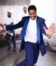 Happy, dance and black man at event with music, band and samba in celebration of culture in Brazil. Drums, musician and Royalty Free Stock Photo