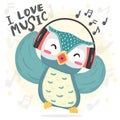 Happy dance blue owl listen music and sing song with headphone, printable flat vecter cute cartoon for kid