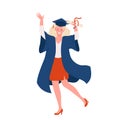 Happy dance of female graduate, girl in bachelor gown and cap holding diploma scroll