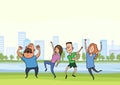 Happy dancing people in city park. Vector illustration.