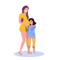 Happy daughter listening mothers belly cheerful girl child embracing her mom pregnancy and motherhood concept flat full